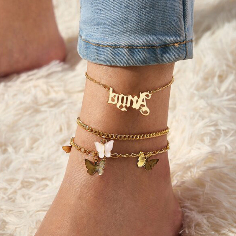 FZ0119 European and American cross-border jewelry personality multi-layer letters angel foot ornamental pink butterfly foot chain